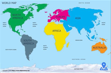 World map with highlighted continents in different colors Stock Photo