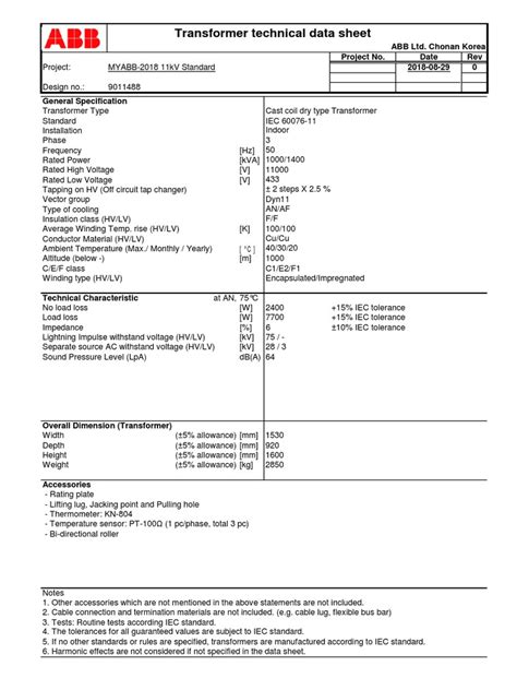 Abb Power Transformer Data Sheet