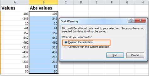 Absolute Value Sort Excel