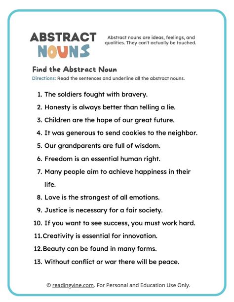 abstract noun examples for class 3 with answers