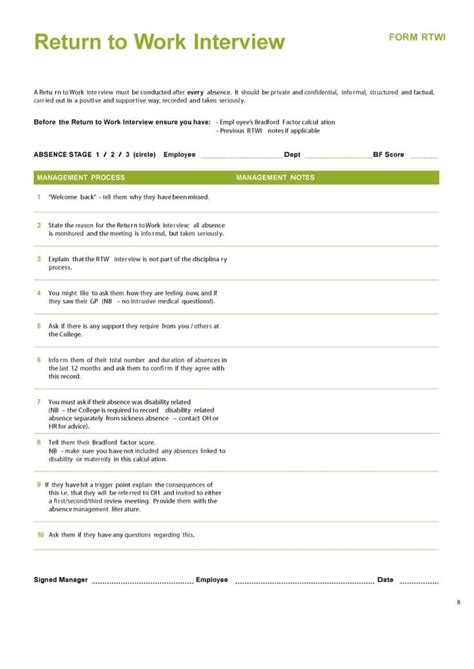 acas return to work interview form template