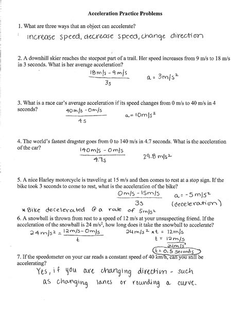 Acceleration Problems Worksheet 2.2 Answer Key