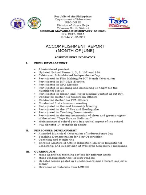 accomplishment report for teachers sample