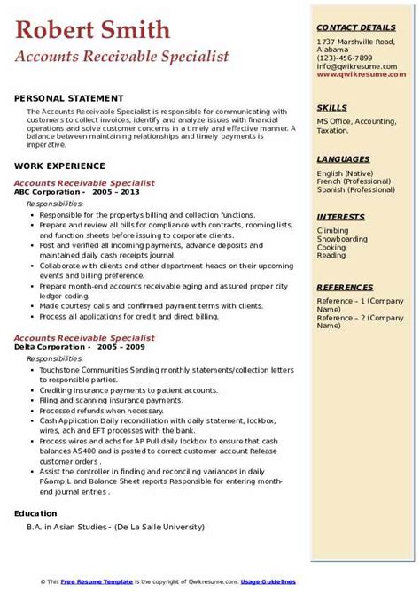 Accounts Receivable Specialist Resume Samples QwikResume