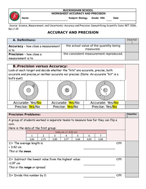 accuracy and precision worksheet answers