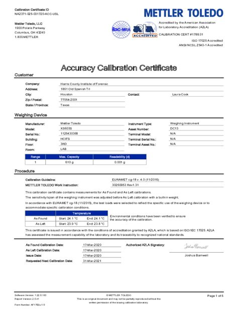 Accuracy Calibration Certificate