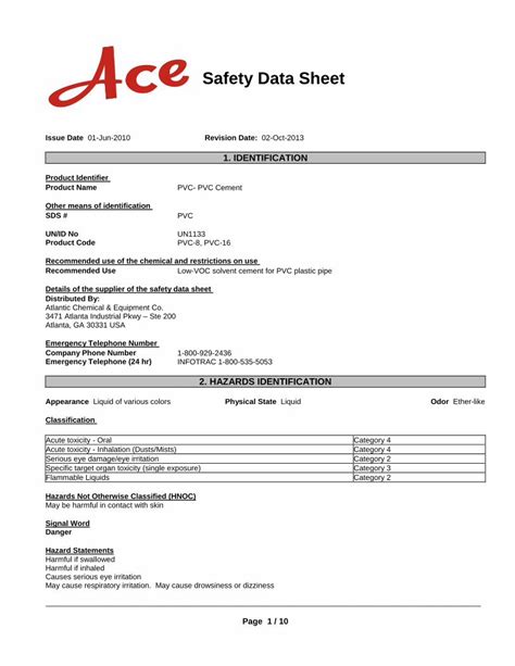 ace safety data sheets