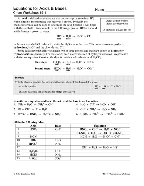 acid and base reactions worksheet answers