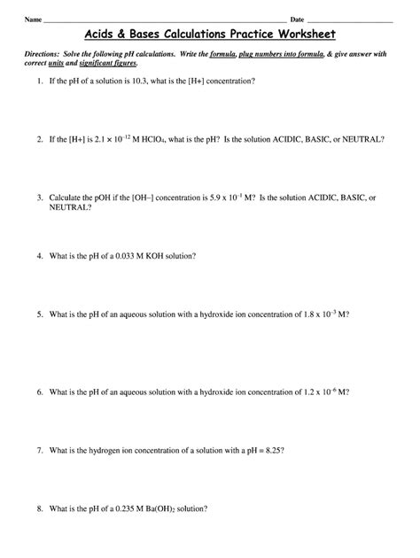 acid and bases calculations practice worksheet answers