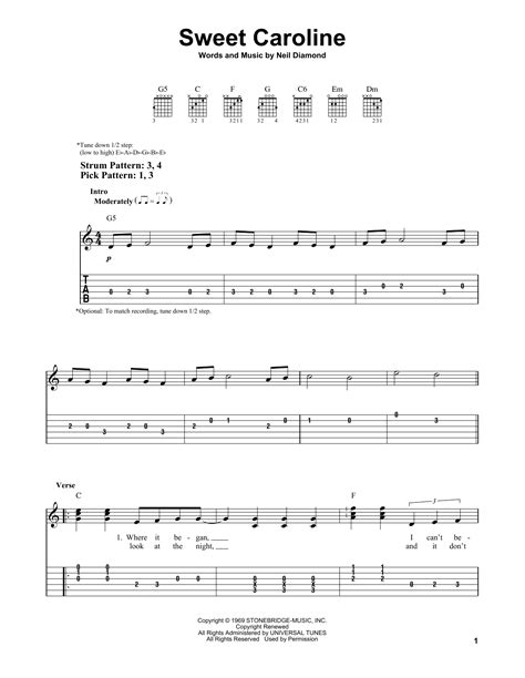 Sweet Caroline (Easy Guitar Tab) Print Sheet Music Now