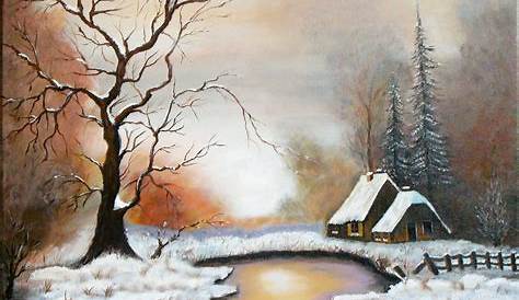 a painting of a winter scene with a small cabin by a stream and trees