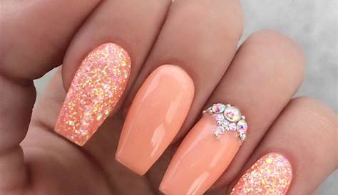 Girly peach glitter rhinestone nails Peach acrylic nails, Acrylic