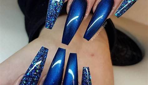 Long Royal Blue Acrylic Nails With Diamonds picola