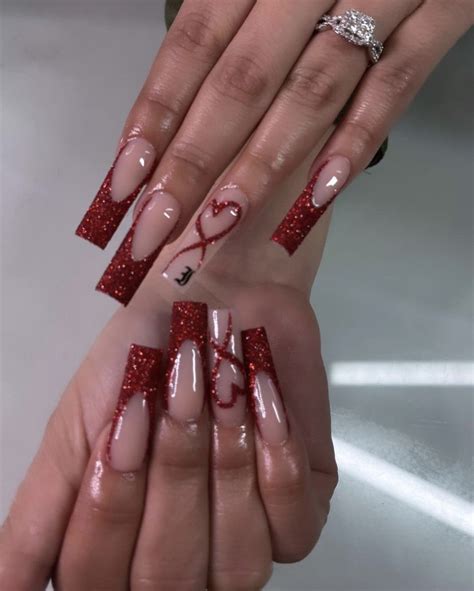 Acrylic Nails Red With Initial