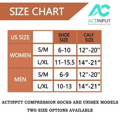 Actinput Compression Socks Size Chart