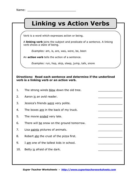 action and linking verbs worksheet grade 5