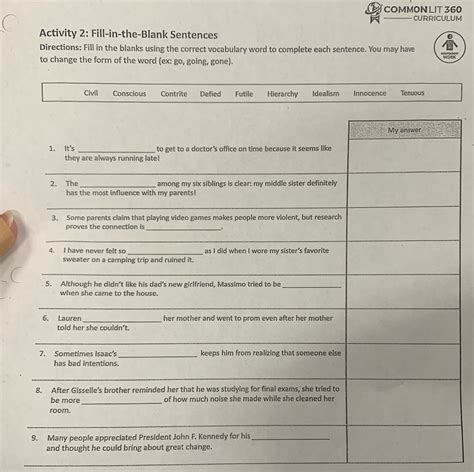 Activity 2 Fill-In-The-Blank Sentence Commonlit Answer Key