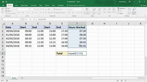 add working hours in excel