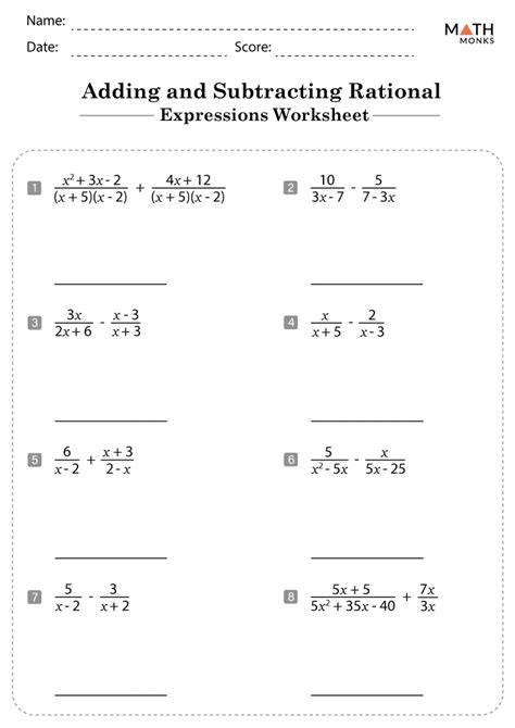 adding/subtracting rational expressions worksheet answers