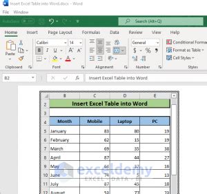 adding an excel table to a word document