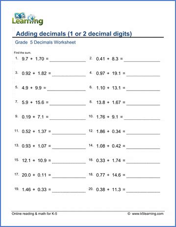 adding decimals worksheet pdf grade 5