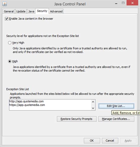Adding Exceptions To Java Control Panel