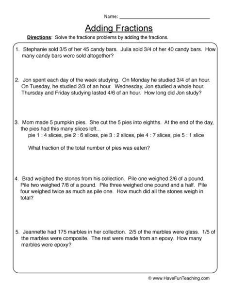 adding fractions story problems printable template