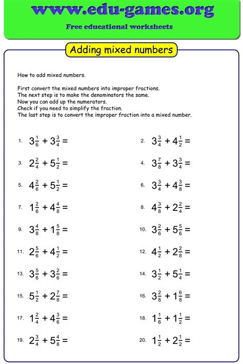 adding mixed numbers worksheet year 5