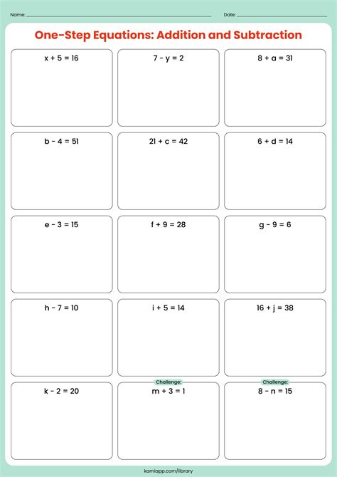 adding one step equations printable template