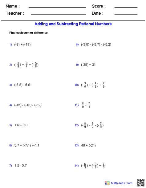 adding rational numbers worksheet 7th grade