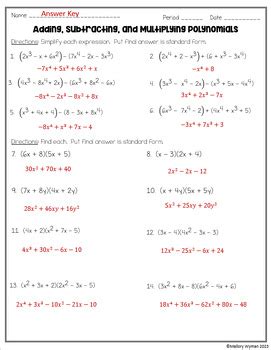 adding subtracting and multiplying polynomials worksheet answers