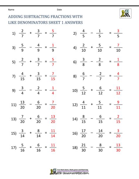 Subtracting Fractions With Regrouping Worksheet With Answer Key
