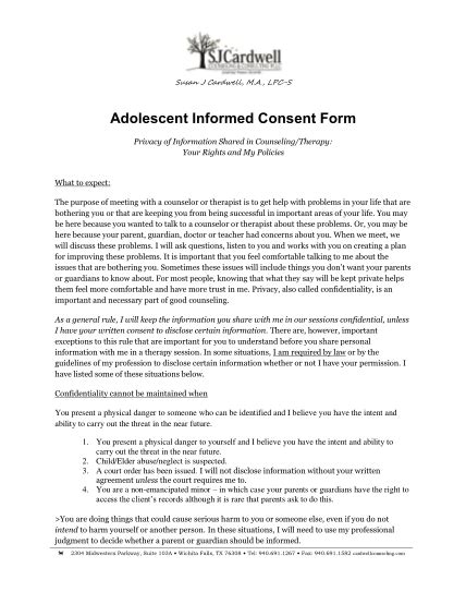 adolescent therapy informed consent form template