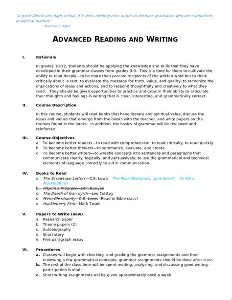 Advanced Reading And Writing Syllabus Pdf