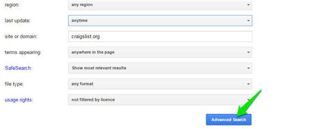 Advanced search options on Craigslist