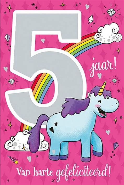 Verjaardagskaart 5 jaar ballon roze hartjes Kaartje2go