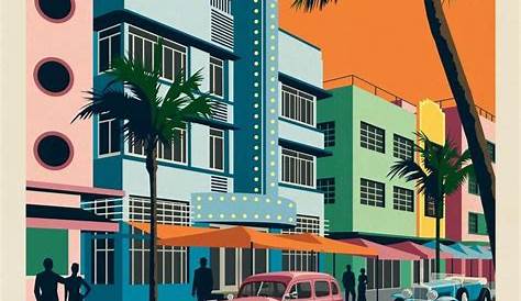 Affiche Art Deco Miami Rétro De Voyage De La Ville De , Journée