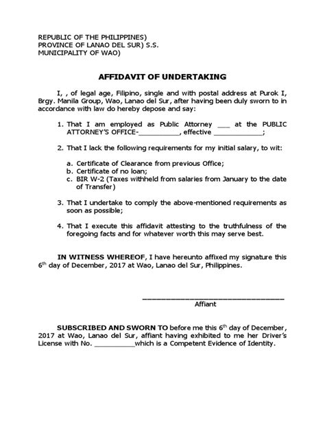 Affidavit of Undertaking Form