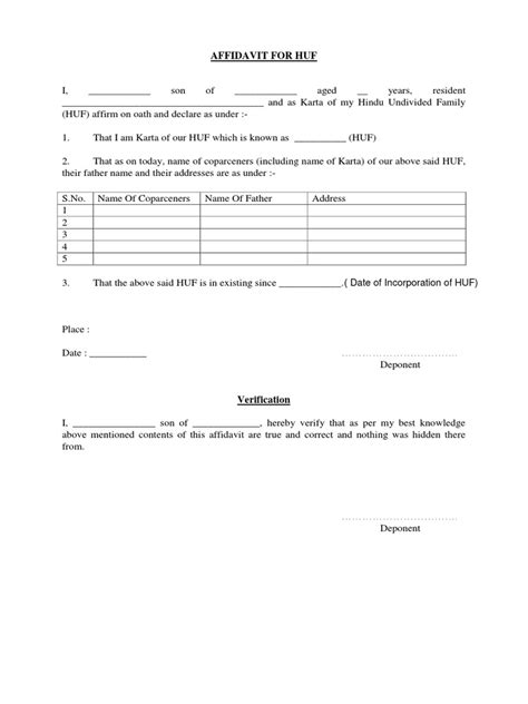 affidavit format for huf pan card pdf