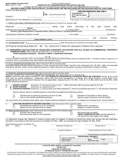 affidavit of consideration by seller nj