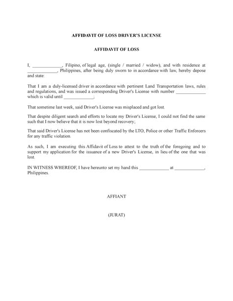 affidavit of loss driver's license format