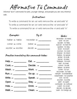 affirmative and negative tu commands worksheet
