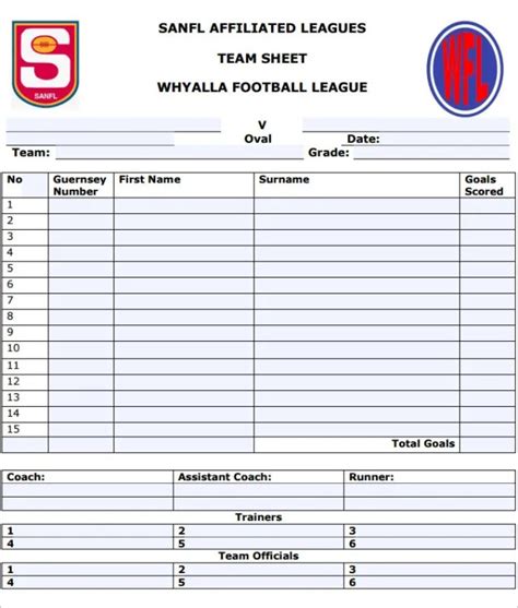 afl football team sheet template download