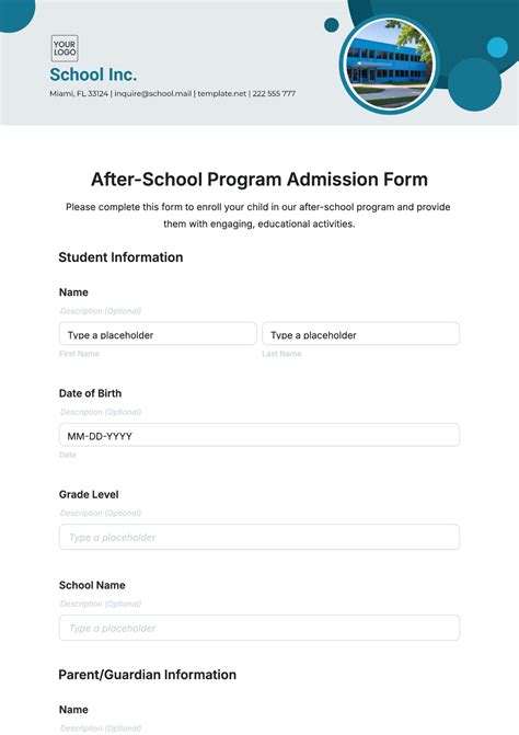 after school application form template