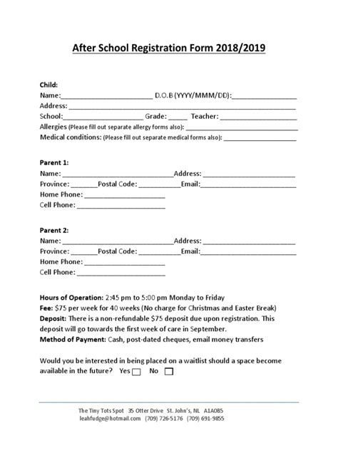 after school registration form template