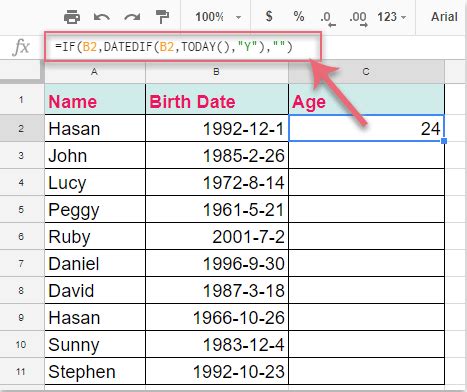 Age Calculation, Years of Service Formula in Excel & Google Sheets