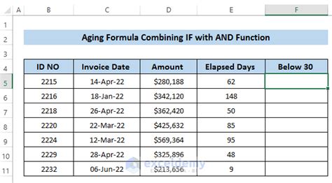 aging formula in excel to calculate days