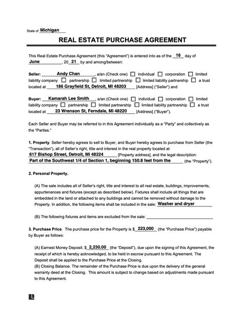 agreement to purchase property example