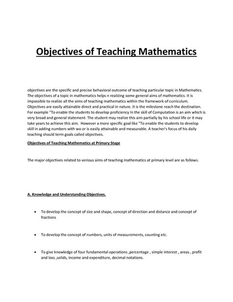 aims and objectives of teaching mathematics in middle school