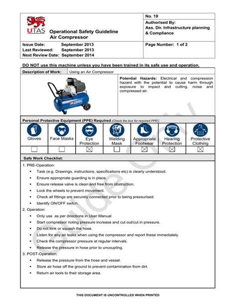 Air Compressor Safety Data Sheet